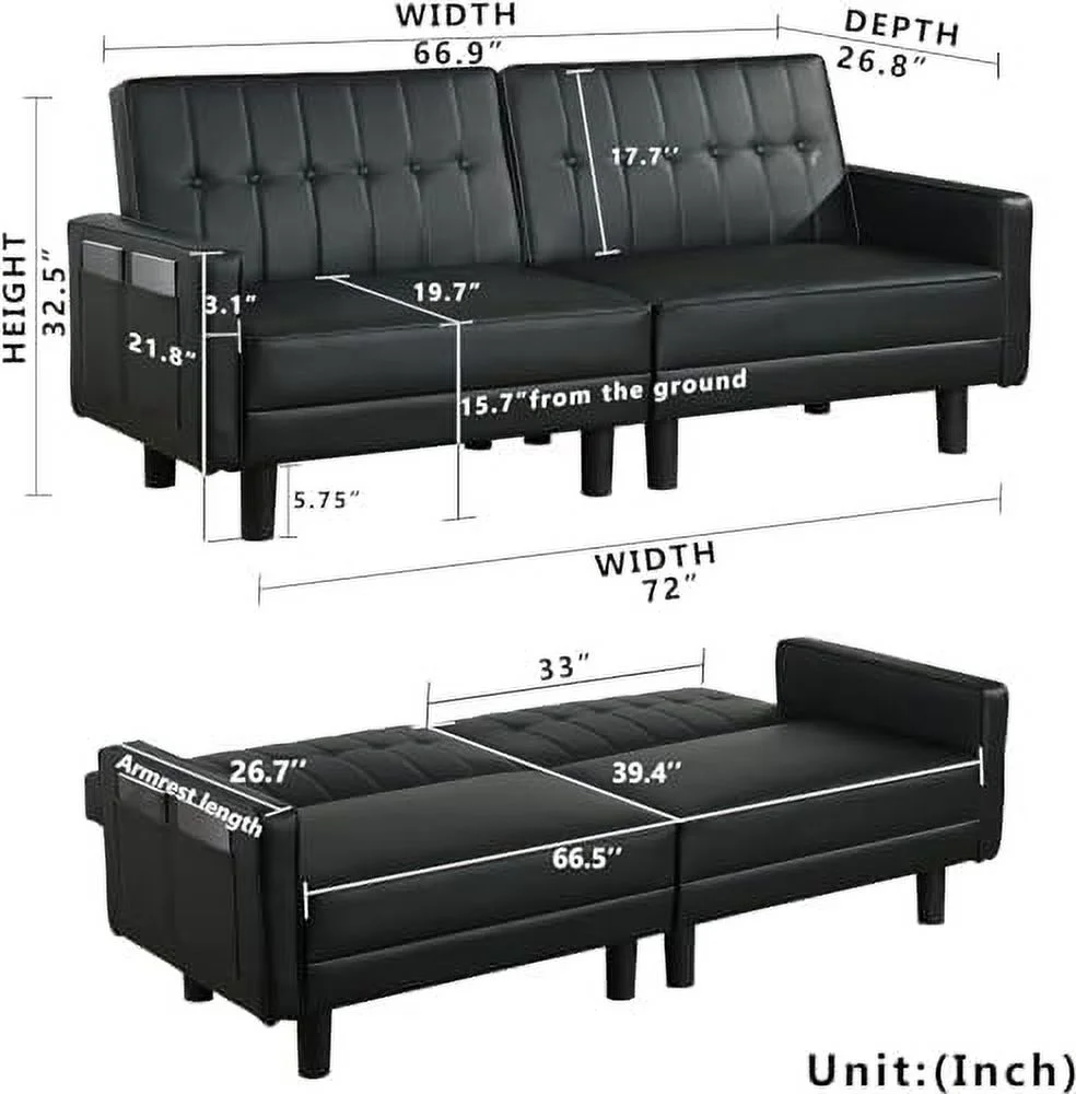 NLIBOOMLife Futon Sofa Bed Couch and Sleeper Sofas for Living Room  Faux Leather Convertible Folding Sofa Bed Couch and Loveseat for Small Space with Side Pockets Armrest and Sturdy Legs
