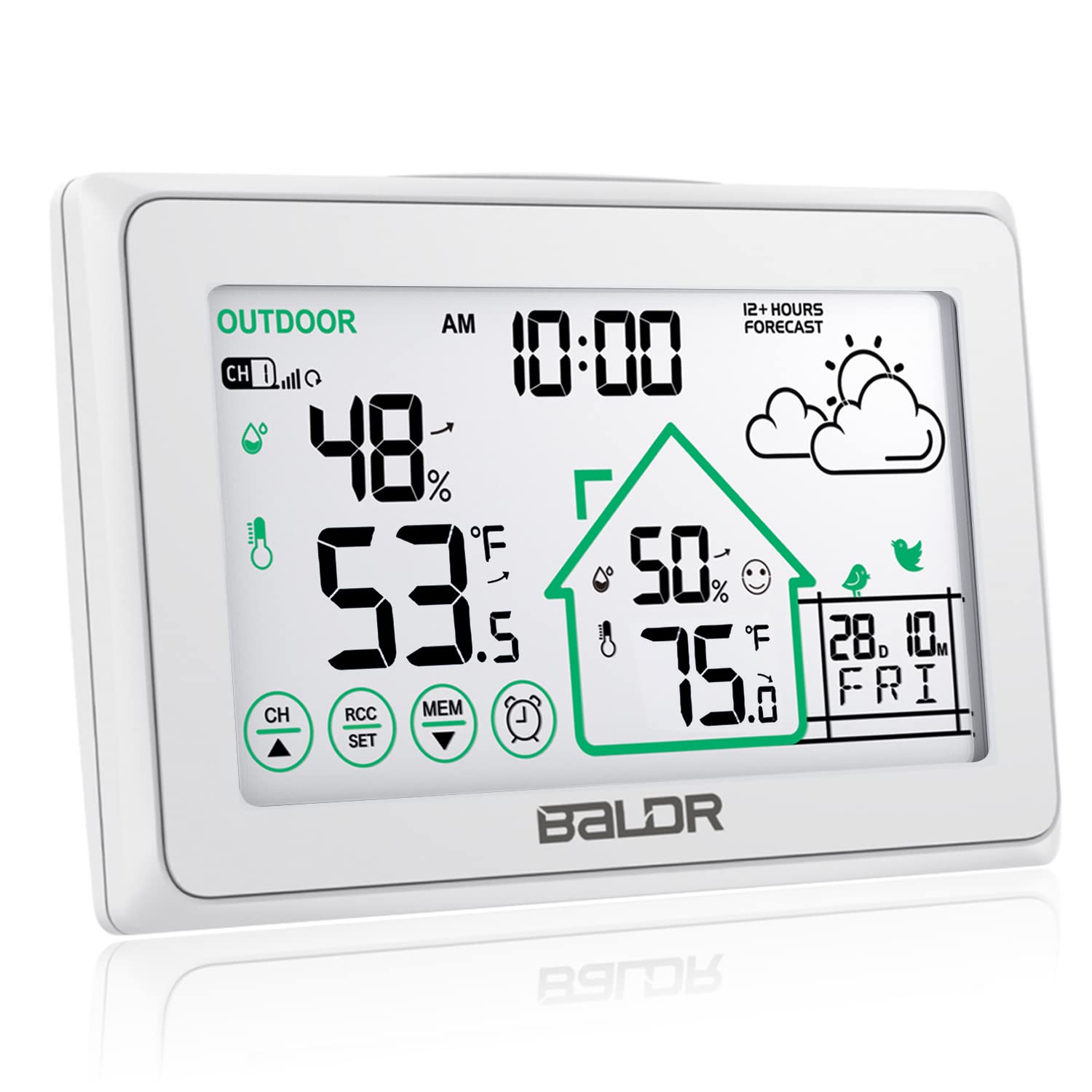 BALDR Weather Station, Atomic Clock Digital Touch Screen Indoor Outdoor Thermometer Wireless Temperature Humidity Monitor with Backlight and Calendar, Home Weather Forecast Station, White