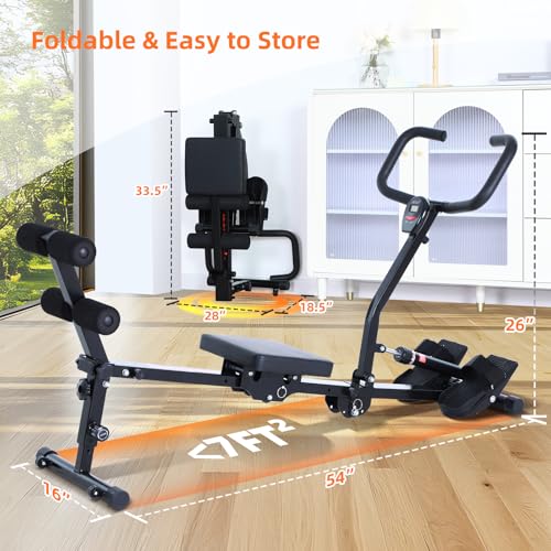 Sportneer Rower Machine for Home Foldable Hydraulic Rowing Machine with 12-Level Resistance - Multi Functional Row Machine Equipped with Caster and Backrest, 297lbs Maximum Load Rower Machines