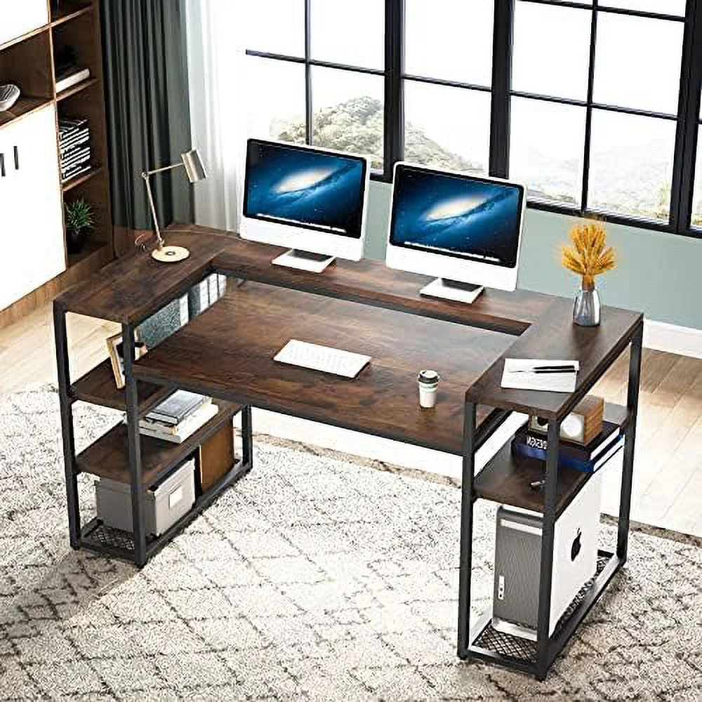 63 Inches Computer Desk with Open  Shelves  Large Office Desk with Monitor Shelf & CPU Stand  Study Writing Table Workstation with Printer Stand for  Office(Brown)