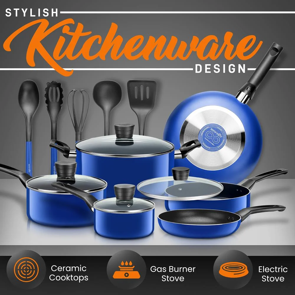 SereneLife 15 Piece Pots and Pans Non Stick Kitchenware Cookware Set, Blue