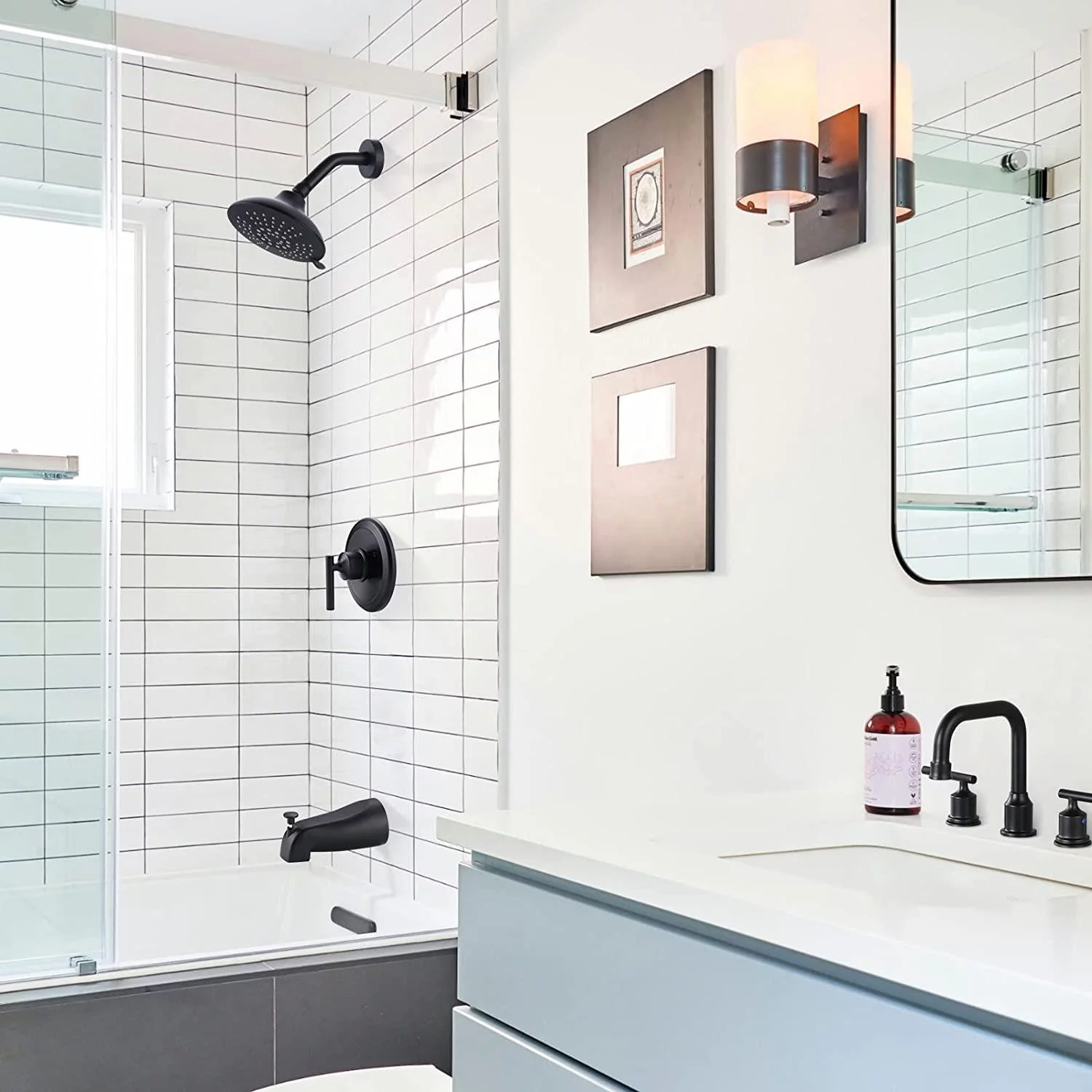 WOWOW Black Shower Faucet Set Complete Shower System with Brass Pressure Balance Valve