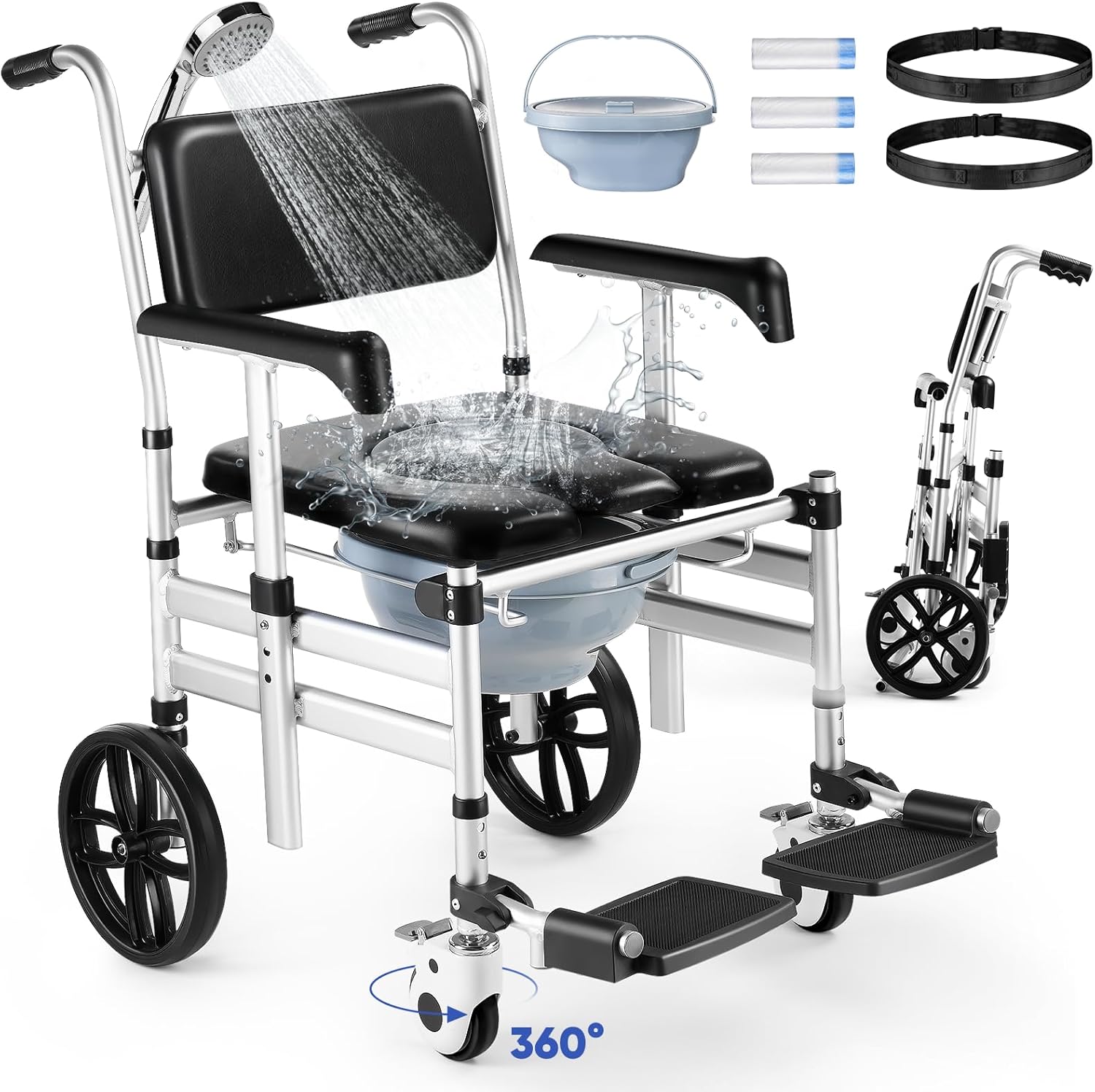 Foldable Shower Chair with Wheels, Hybodies 3 in 1 Multifunctional Aluminum Shower Wheel, Transport Chair, Commode, Rolling Bath Chair for Handicap & Elderly