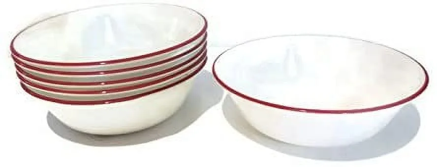Corelle Dinnerware 18 Ounce Family Style Cereal/Soup Corningware Serving Bowl White with Red Band, Set of 6