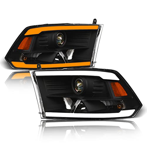 Alpha Owls 8710401 Crystal Headlights With Switchback Sequential LED Light Bar & Startup Light - Black Amber Fits 2009-2018 Dodge Ram 1500 2500 3500/2019-2023 Classic Halogen Models