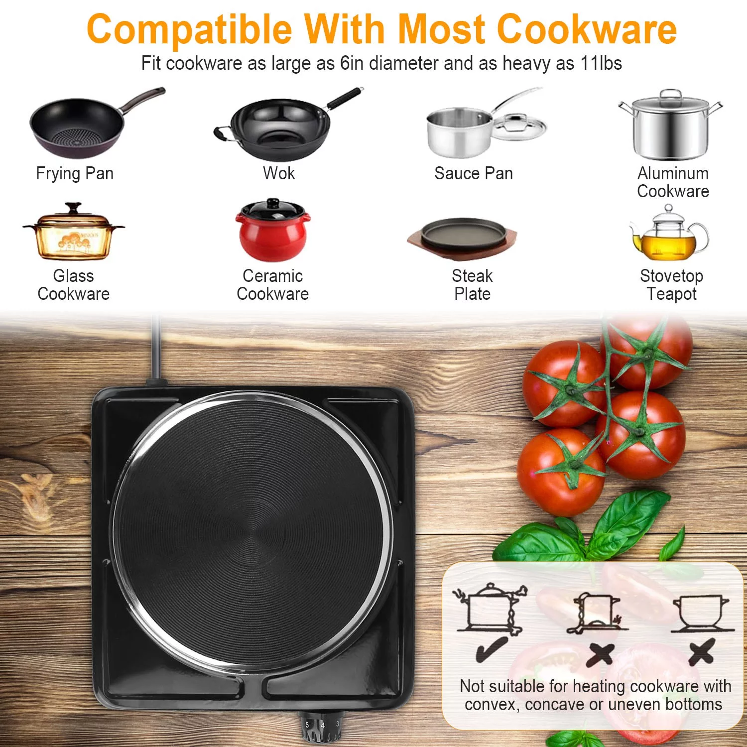Electric Countertop Single Burner, iMounTEK 1500W Cooktop with Cast Iron Hot Plate, 5 Level Temperature Control, Easy to Clean Stainless Steel Base, with Non Slip Rubber, Black