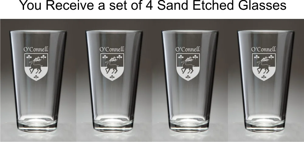 O'Connell Irish Coat of Arms Pint Glasses - Set of 4 (Sand Etched)