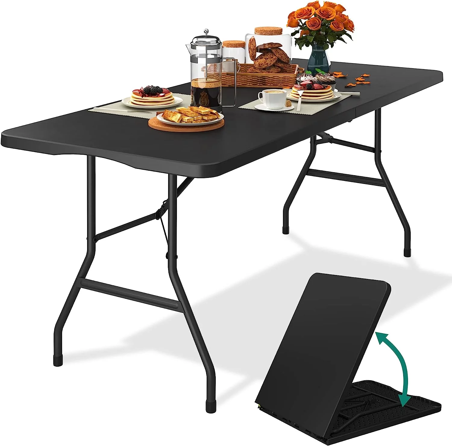 Dextrus 6ft Heavy-Duty Outdoor Folding Table with Carrying Handle, Ideal for Camping, Picnics, Parties, and Indoor Use, Black