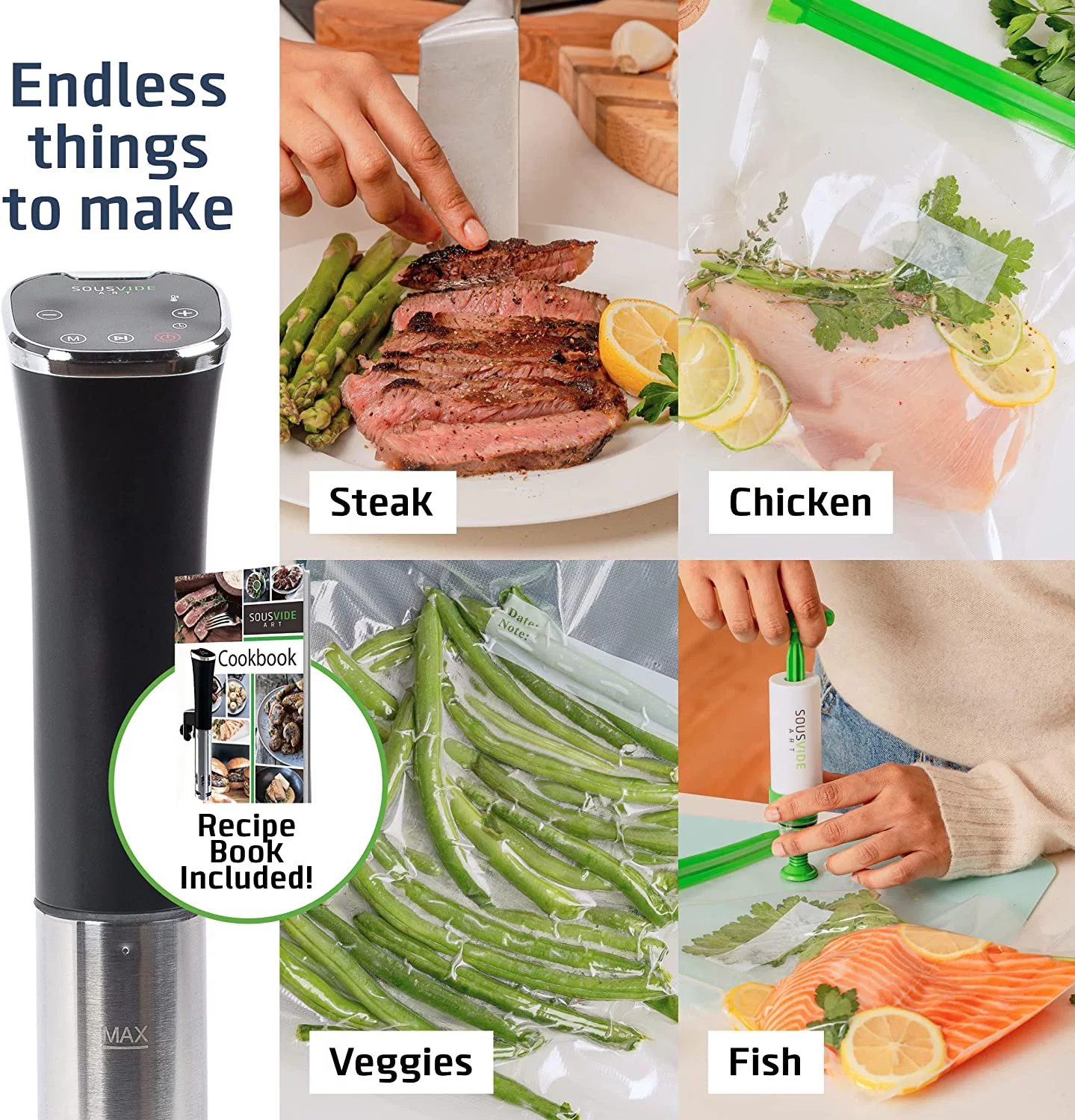 Sous Vide Cooker Kit ALL-IN-ONE - Sous Vide Machine 800W, 120V with Accurate Temperature Digital Timer, 30 Sous Vide Bags, Sous Vide Clips, Vacuum Pump, Cookbook with Recipes