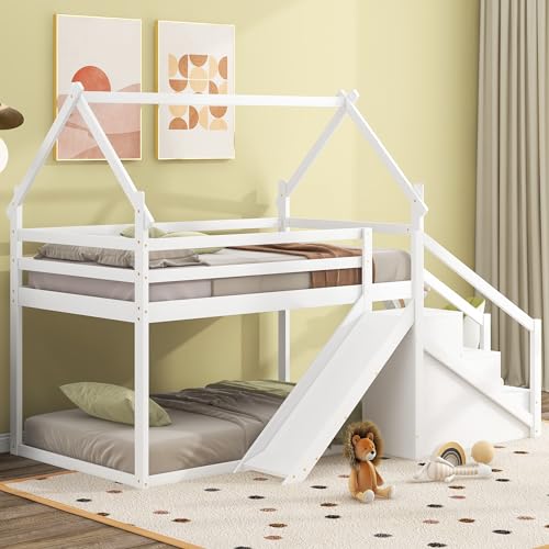 Harper & Bright Designs Twin Over Twin Bunk Bed with Slide and Staircase, House Bunk Bed for Kids, Wood Loft/Bunk Bed Frame with Storage for Kids Teens Boys Girls, (Natural)