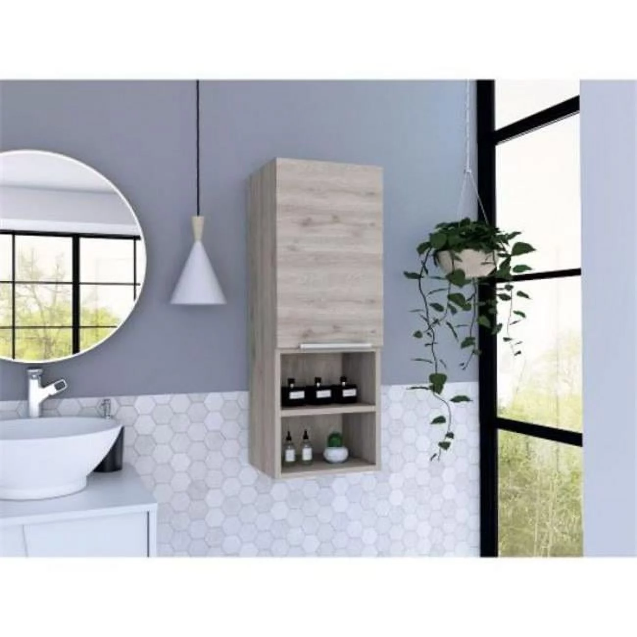 Depot E-Shop DE-MLZ6585 Jasper Bathroom Single Door Cabinet, Two Open Shelves & Two Interior, Light Gray