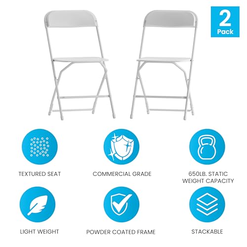 EMMA + OLIVER Set of 2 Plastic Folding Chairs - 650 LB Weight Capacity Lightweight Stackable Folding Chair in White