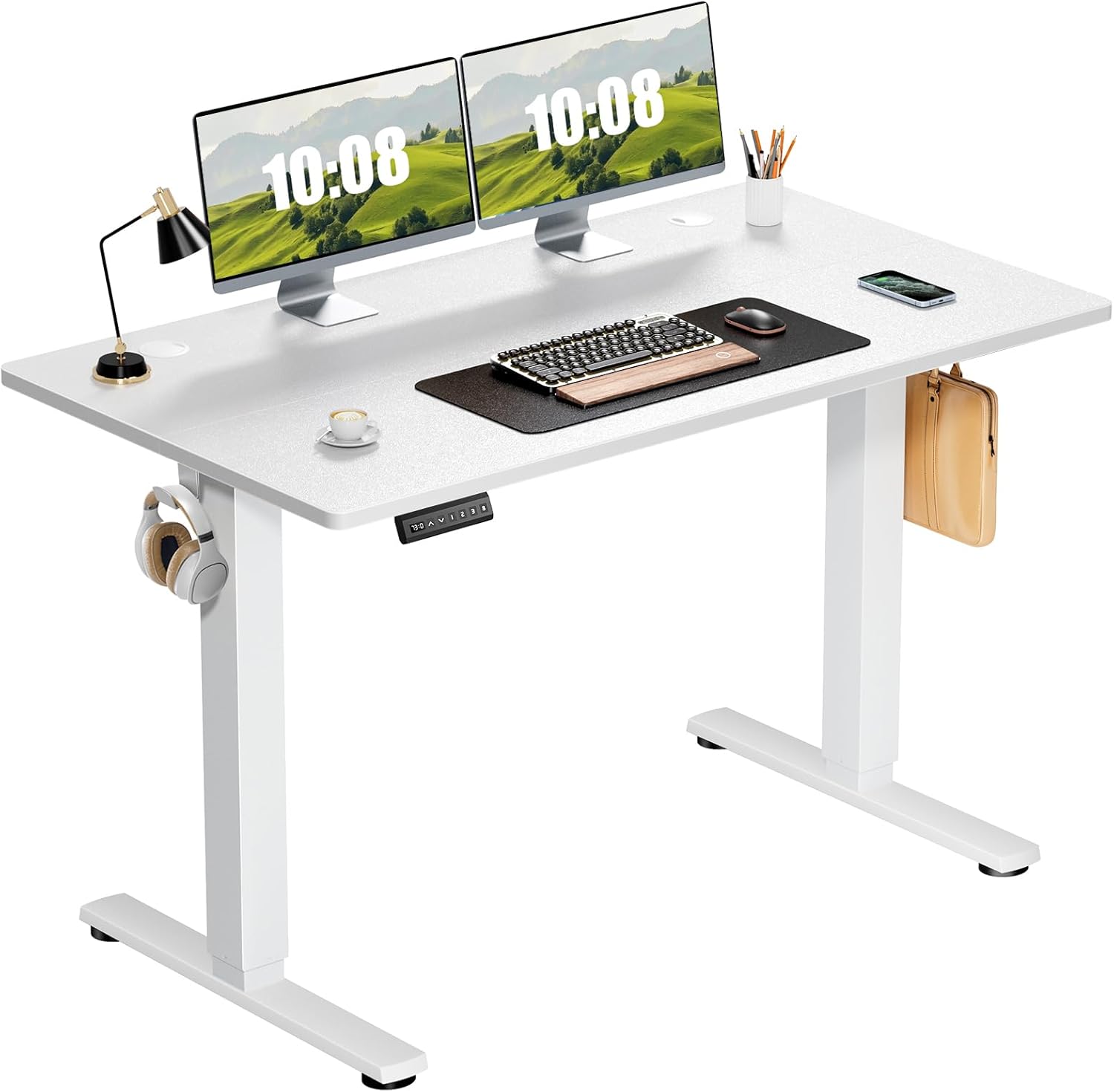 Sweetcrispy Electric Adjustable Height Standing Desk - 48 x 24 inch Sit to Stand Up Desk with Splice Board, Rising Home Office Computer Table with 2 Hook and Wire Hole for Work