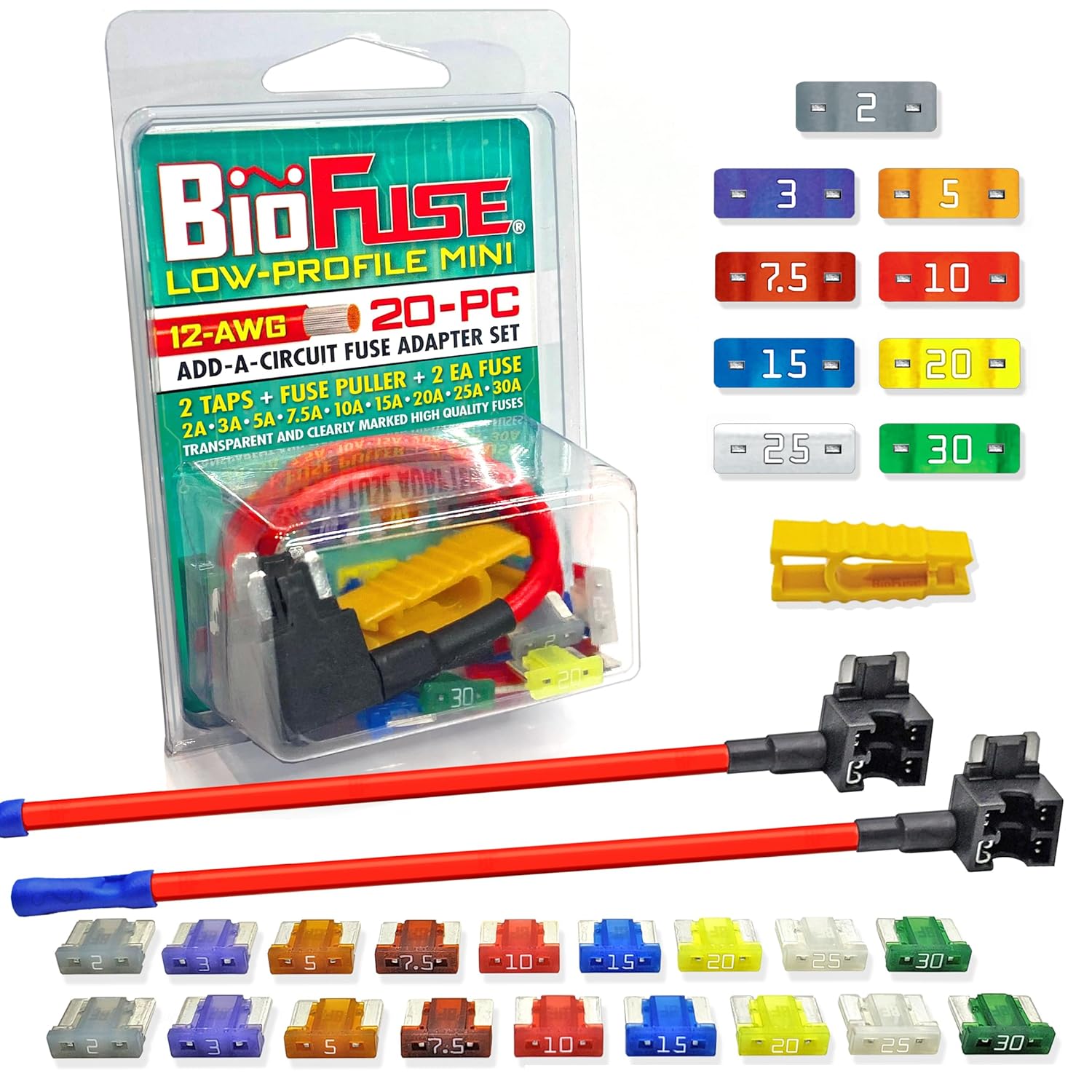 12 AWG Low Profile Mini ATT 20 Piece Automotive Car Fuse Assortment and Holders Set (2 Add-a-Circuit Fuse Tap Adapters, 18 LP-Mini Blade Fuses + Fuse Puller) 2A 3A 5A 7.5A 10A 15A 20A 25A 30A