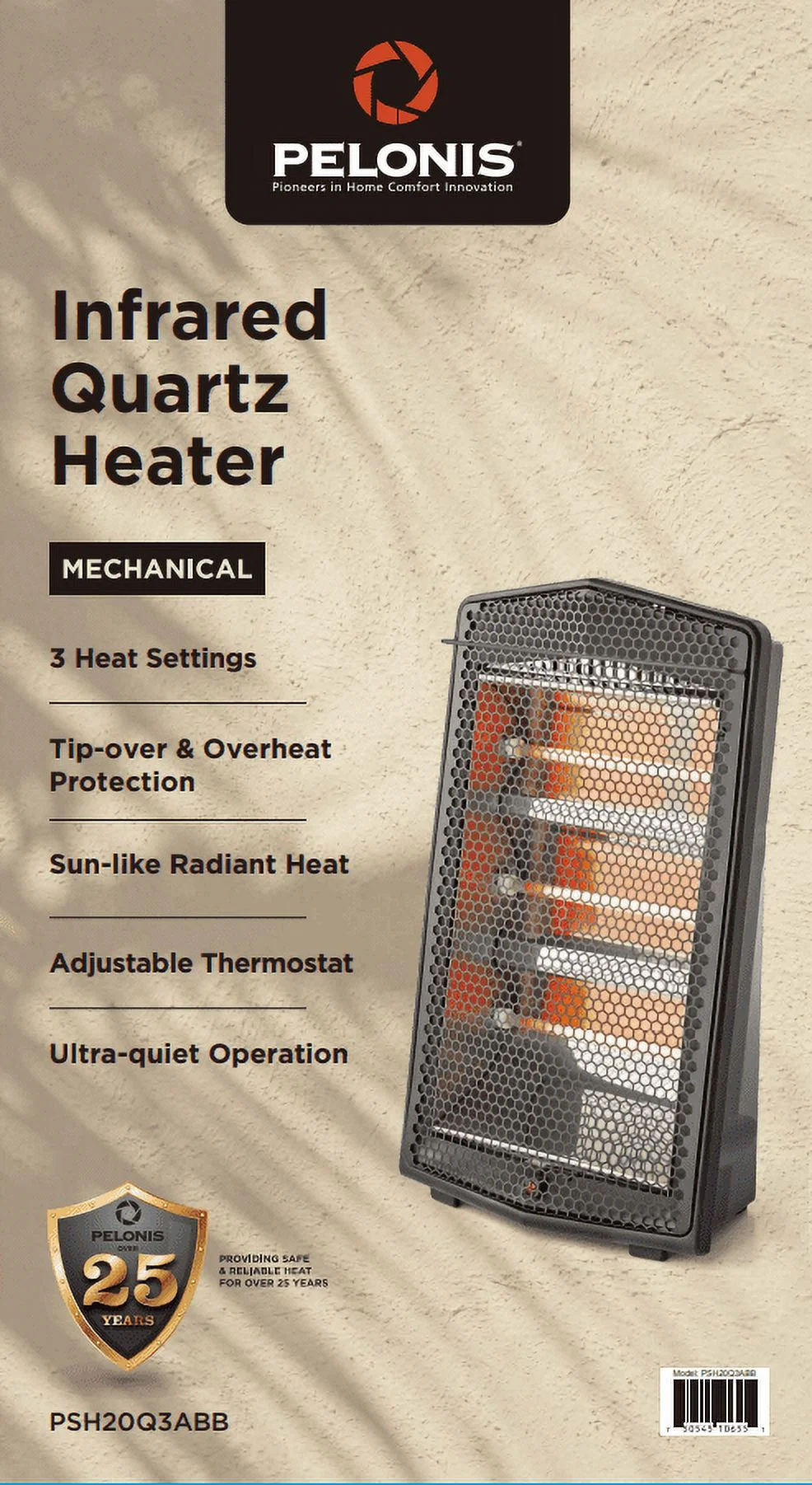 Pelonis 1500W Ultra Quiet Quartz Radiant Heater, PSH20Q3ABB, Black