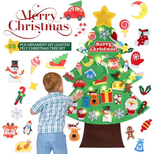 TOBEHIGHER Felt Christmas Tree for Toddlers - 3.6 FT Wall Felt Christmas Tree for Kids with Lights and 35 Pcs Ornaments, DIY Xmas Gifts for Door Hanging Christmas Decorations (Batteries not Included)