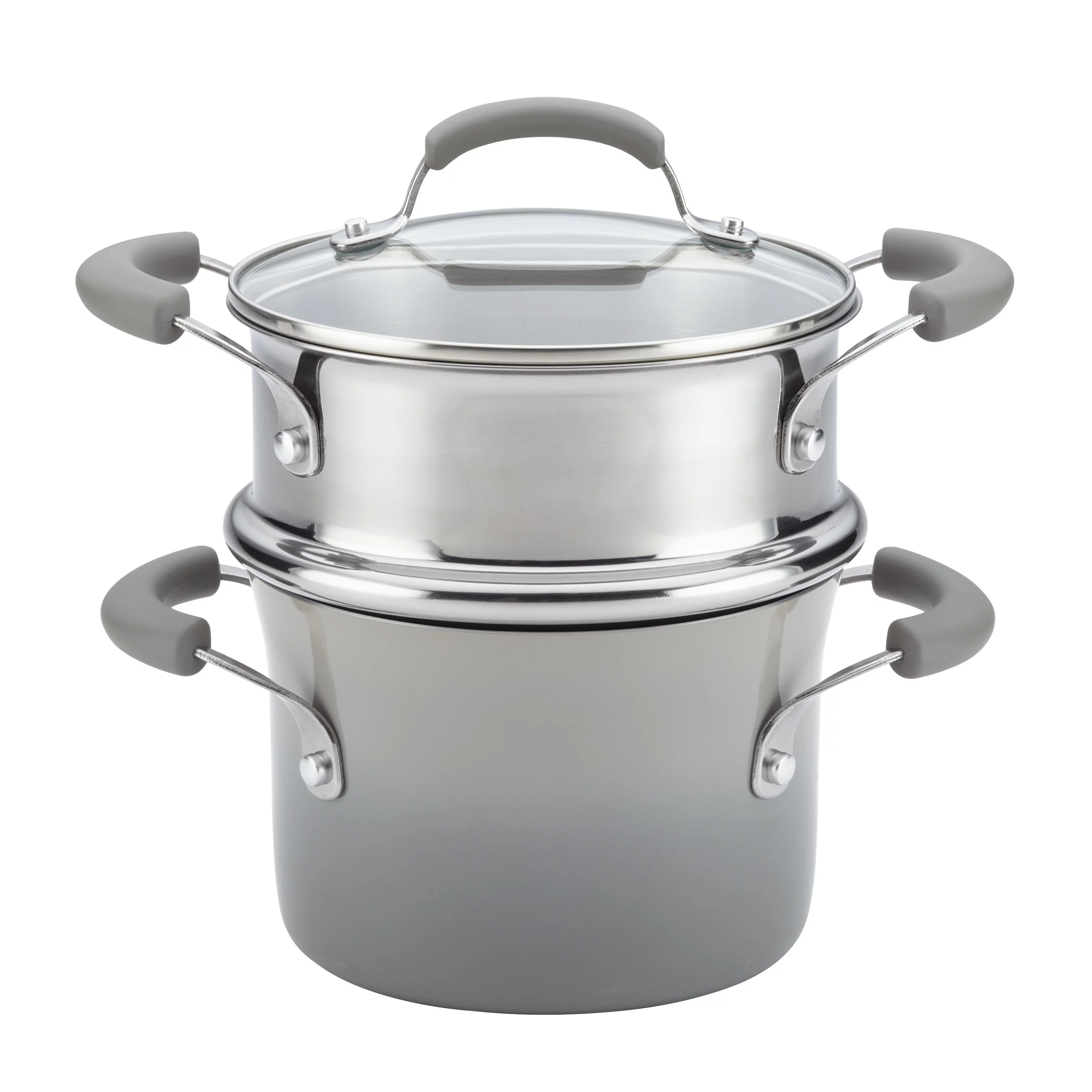 Rachael Ray 3 Qt Hard Porcelain Enamel Nonstick Covered Multi Pot Set with Steamer, Sea Salt Gray