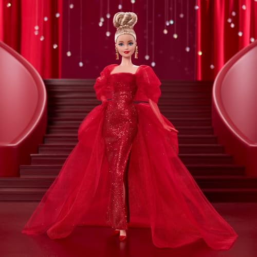 Barbie Signature Doll, Mattel 80th Anniversary Collectible in Glittery Red Tulle Gown with Drop Earrings and Sheer Gloves, Blonde Hair