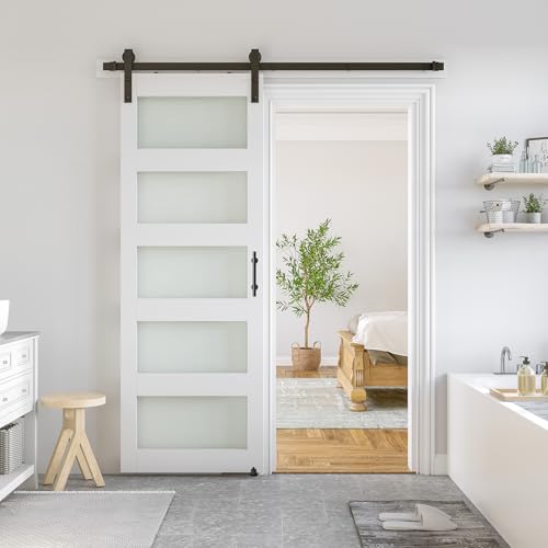 SmartStandard 36 x 84 in Glass Barn Door with 6.6FT Sliding Hardware Kit & Handle, Pre-Drilled Ready to Assemble, Waterproof PVC Coating, White, 5-Panel Glass