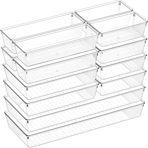 Criusia Drawer Organizer, 10 Pack Large Clear Plast Set, 3 Size Versatile Bathroom and Vanity Organizer Trays, Storage Bins for Makeup, Bedroom, Kitchen Utensils