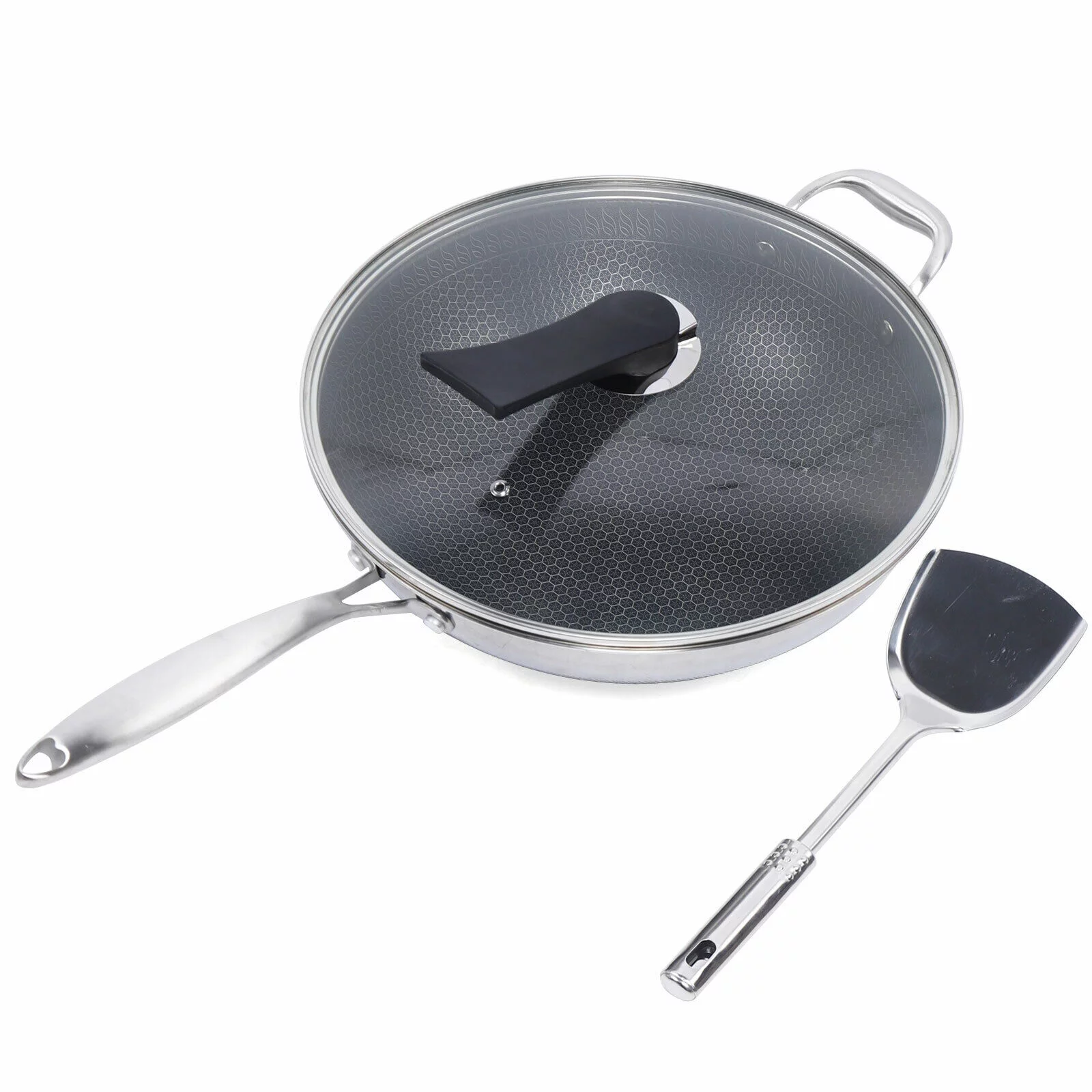 DENEST Double Sided Honeycomb Non-stick Cooker Frying Pan Stainless Wok w/ Glass Lid