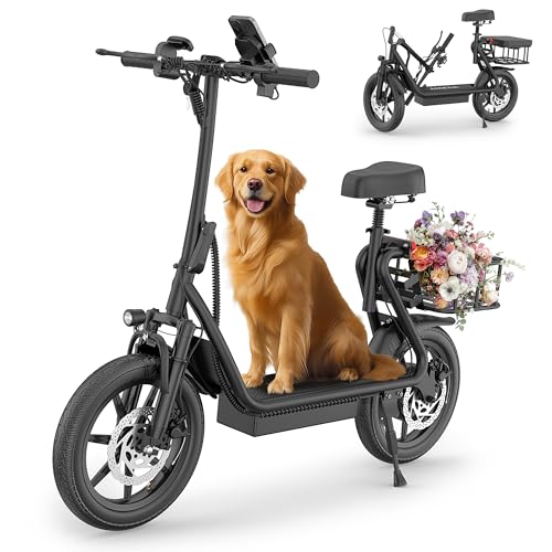 Electric Scooter with Seat, 500W Motor, 14'' Tires, Top Speed 22 mph, Max 27/49 Miles Ranges, Foldable E-Scooter with Suspension (27miles-Dual Brakes-Suspension-Lock-Backseat)