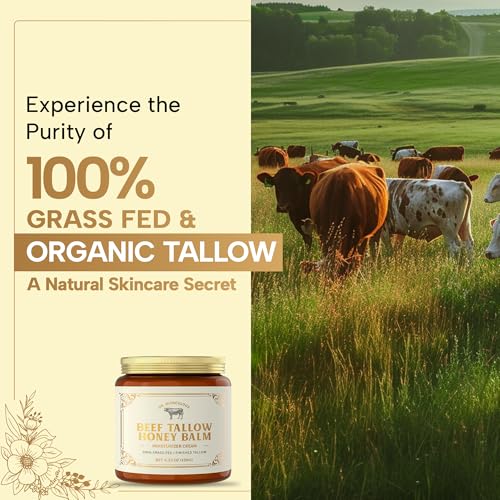 100% Grass-Fed Whipped Beef Tallow and Honey Balm for Skin, Moisturizer for Face & Body with Organic Beeswax & Organic Honey Balm, All Natural Formula, 4.23OZ (120G)