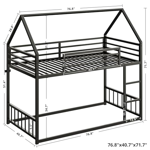 LIKIMIO Bunk Bed Twin Over Twin, House Bunk Bed Frame with Ladder and Guardrail, House Shaped with Metal Slats for Dormitory and Bedroom, Space Saving, No Box Spring Needed, Black