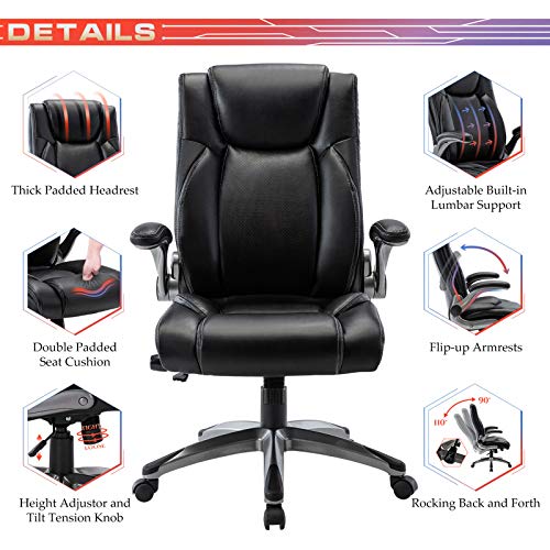 Executive Office Chair-Ergonomic Computer Desk Chair, High Back Leather Chair with Padded Flip-up Arms, Swivel Home Office Chair Upgraded Caster-Black