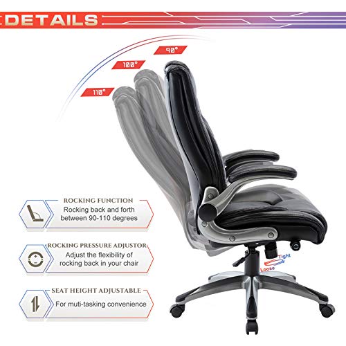 Executive Office Chair-Ergonomic Computer Desk Chair, High Back Leather Chair with Padded Flip-up Arms, Swivel Home Office Chair Upgraded Caster-Black