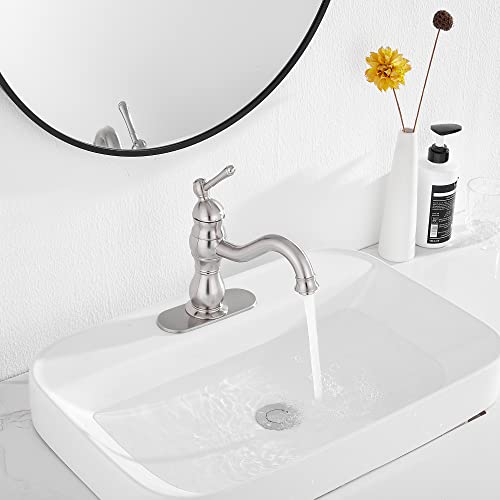 GGStudy 360° Swivel Antique Brass Bathroom Vessel Sink Faucet Single Handle One Hole Matching with Pop Up Drain