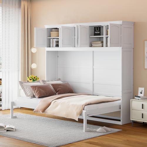 Queen Murphy Bed with Cabinets, Queen Size Murphy Bed Cabinet Bed, Solid Wood Wall Bed, Hidden Murphy Beds Foldable Platform Bed Frame, Horizontal Murphy Bed for Guest Room or Home Office, White