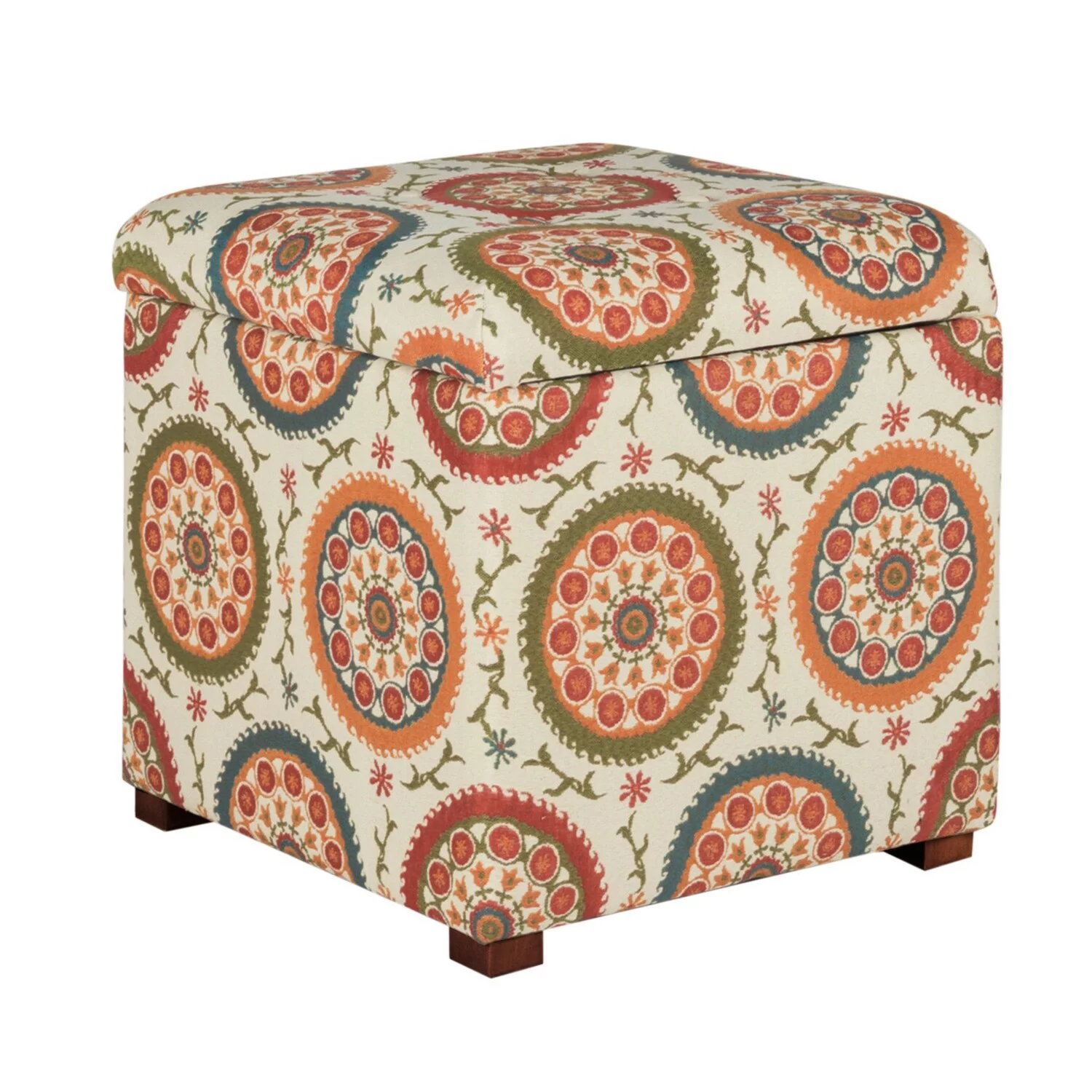 Benjara Suzani Patterned Fabric Upholstered Wooden Ottoman with Hidden Storage, Multicolor