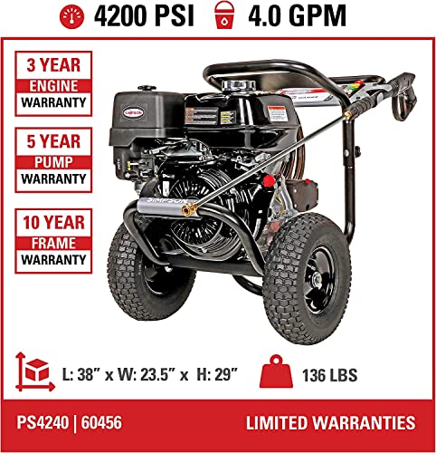 Simpson 61014 3500 PSI at 2.5 GPM Honda GX200 with AAA AX300 Axial Cam Pump Cold Water Professional Gas Pressure Washer PS61002-S