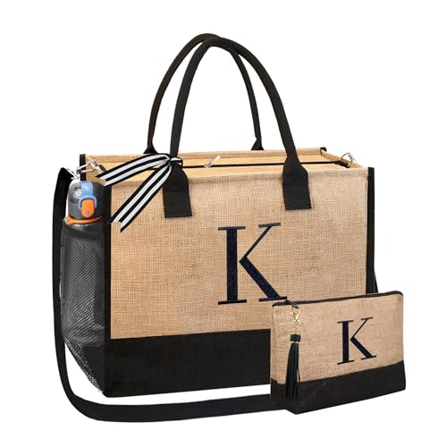 BeeGreen Mother's Day Gifts Personalized Women's Large White and Black Canvas Tote Bag, Embroidered Initials, Leather Handle, Zipper Closure