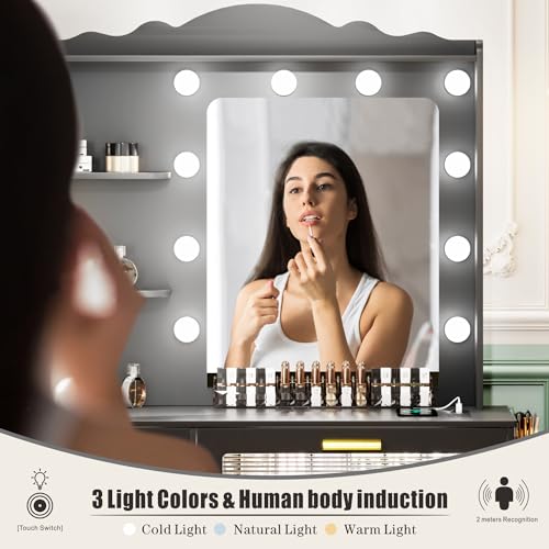 Makeup Vanity Desk with Mirror and Lights-Vanity Table with 5 Drawers&2 Shelves-Vanity Set for Bedroom-Dressing Table with 10 Light Bulbs-Desk Vanity with USB Port&Human Sensor Design-White
