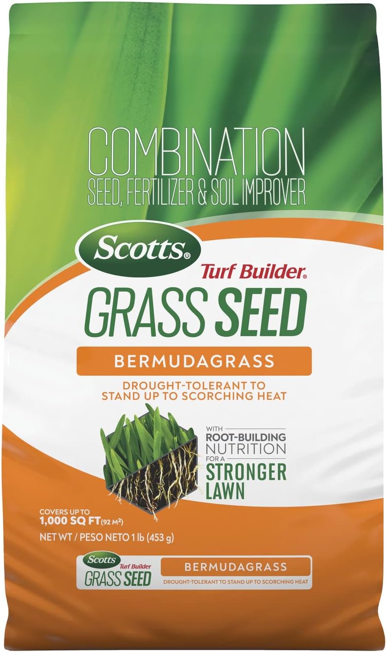 Scotts Turf Builder Grass Seed Bermudagrass with Fertilizer and Soil Improver, Drought-Tolerant, 1 lb.