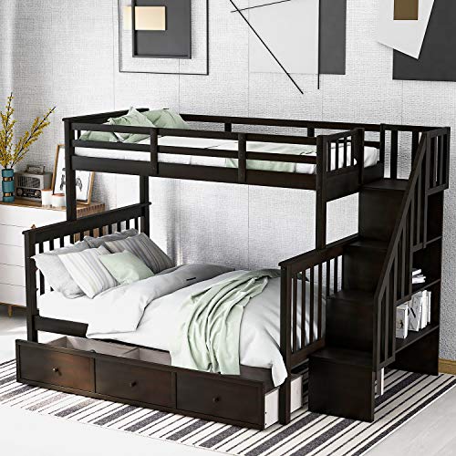 Merax Twin Over Twin Bunk Bed with Storage Stairs, Wood Bunk Bed Frames with Trundle, No Box Spring Needed, White