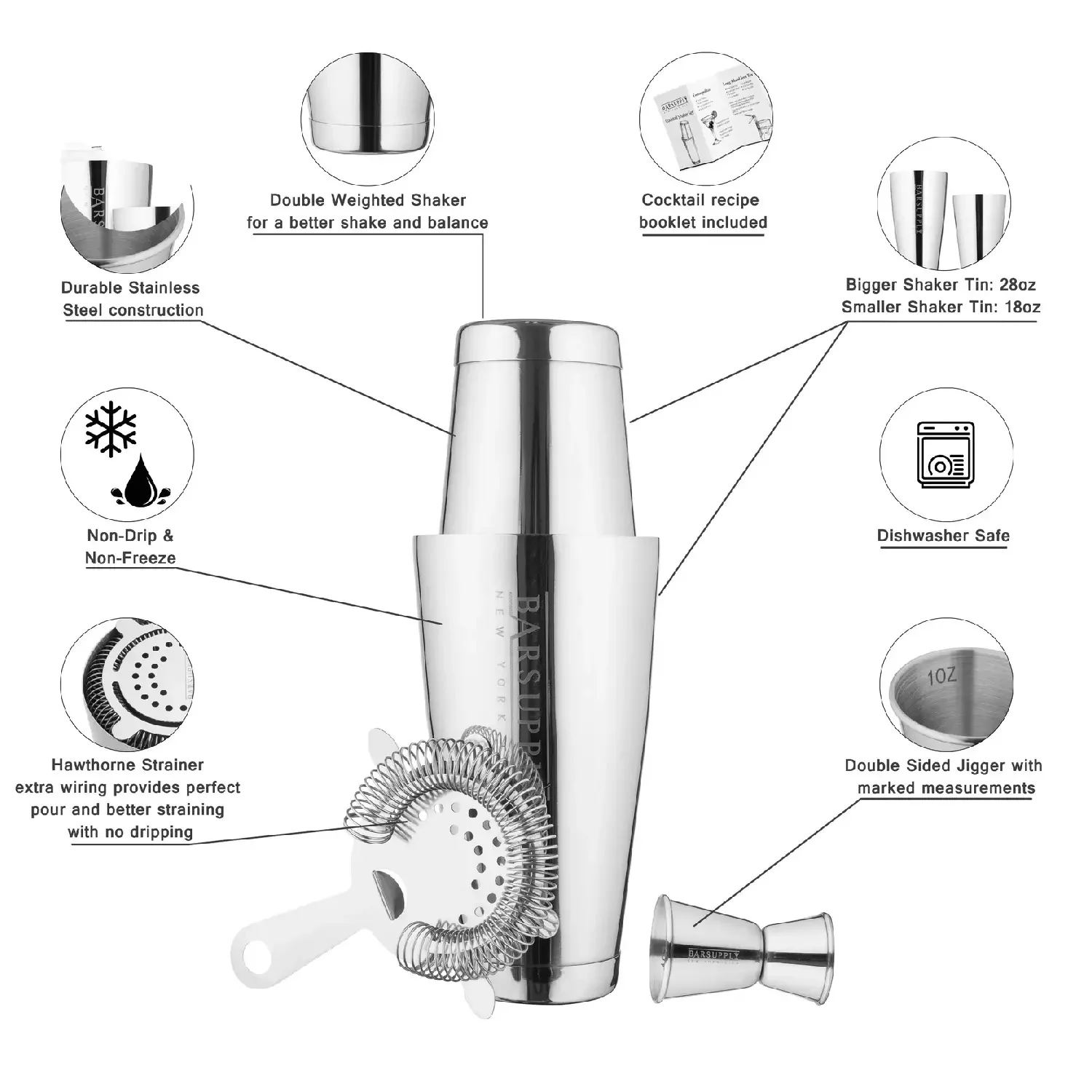 BARSUPPLY Professional 4-Piece Boston Cocktail Shaker Set