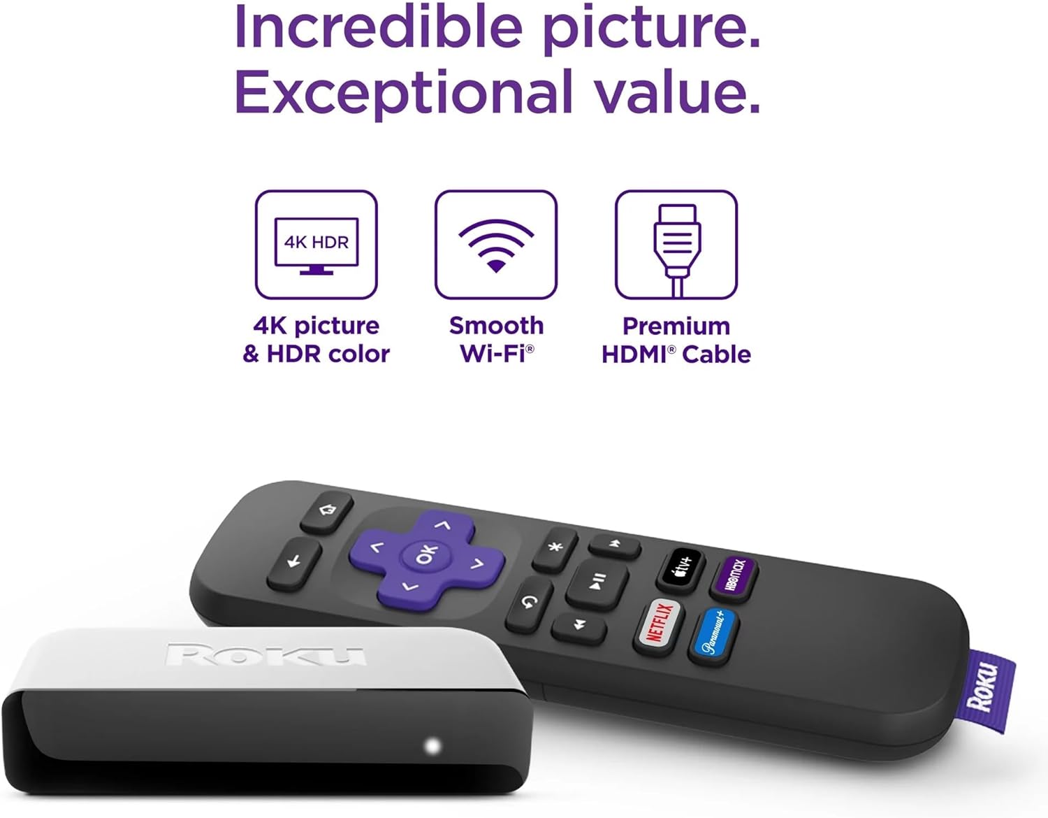 Roku 3920RW-SW Premiere | 4K/HDR Streaming Media Player Wi-Fi Enabled with Premium High Speed HDMI Cable and Simple Remote