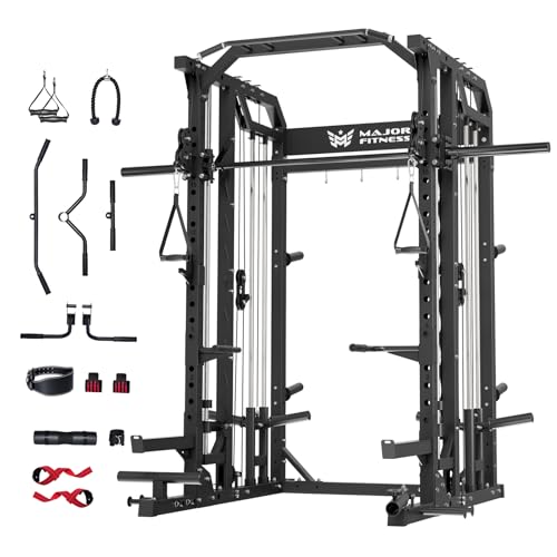 Major Fitness Drone2 Smith△ Machine – All-in-One Home Gym Squat Rack with Weight Bar, Dual LAT Pull-Down Systems & Cable Crossover Machine for Full-Body Workouts
