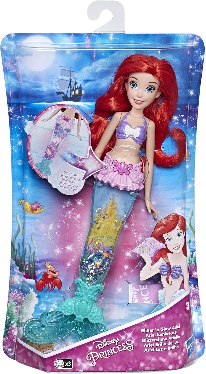 Disney Princess Glitter 'n Glow Ariel Doll with Lights, Mermaid Tail with Water, Sparkles, and Seashells Inside, Toy for Kids and Fans of Disney Movies