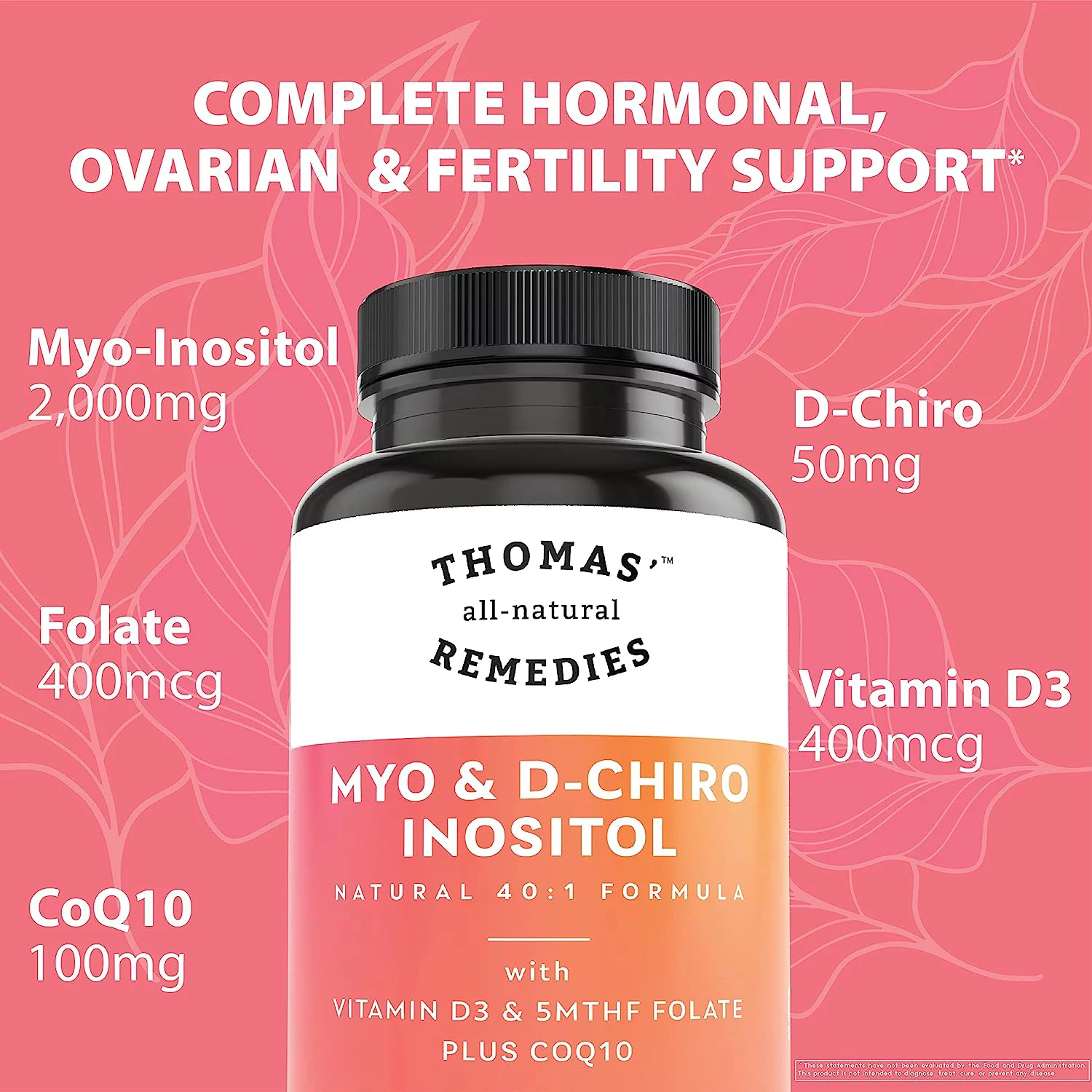Thomas' all-natural Remedies MYO Inositol & D-Chiro Inositol Blend Supplement with Folate and Vitamin D3, Non-GMO, No Fillers, CoQ10, 90 Vegan Capsules.