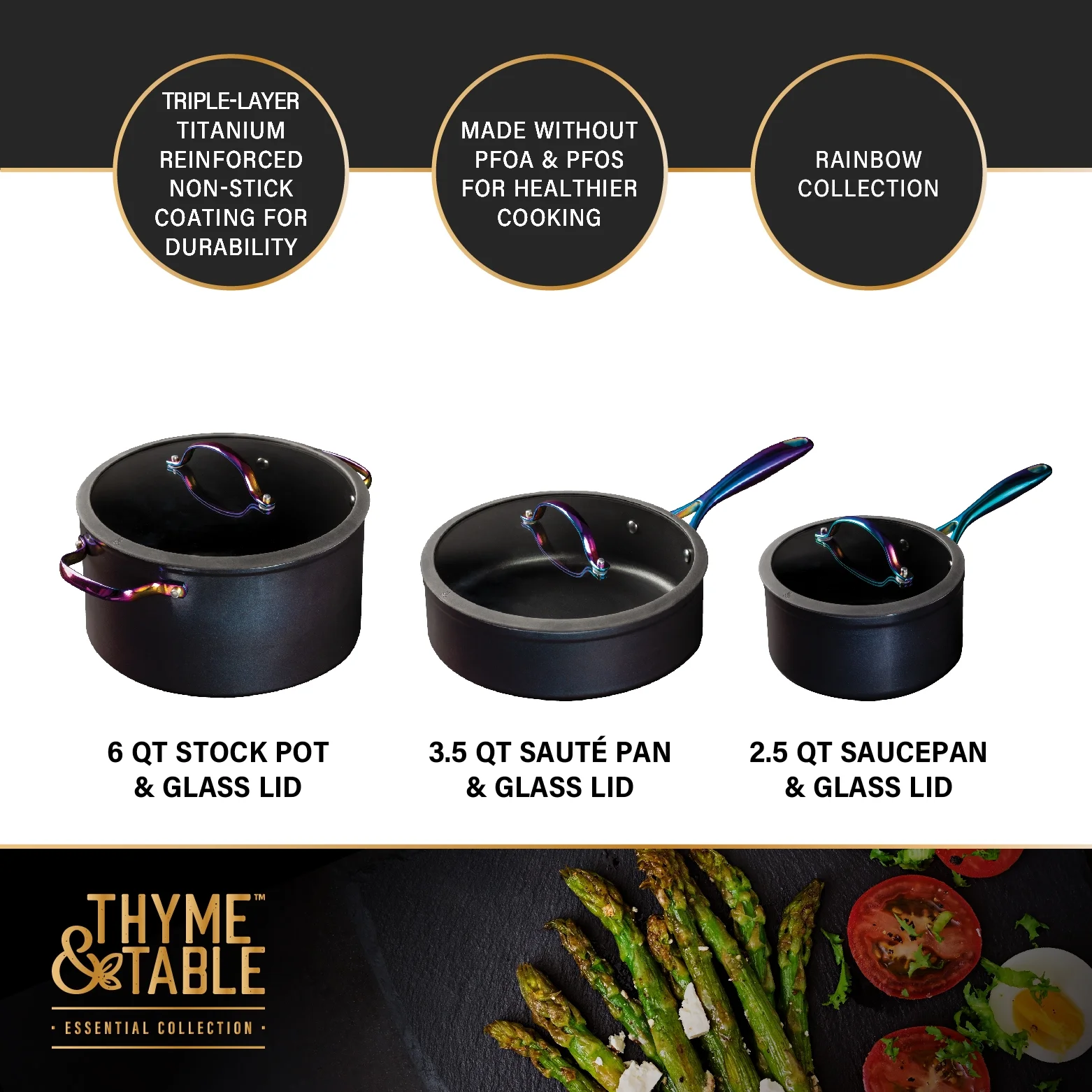 Thyme & Table Non-Stick 12-Piece Signature Cookware Set, Black & Rainbow