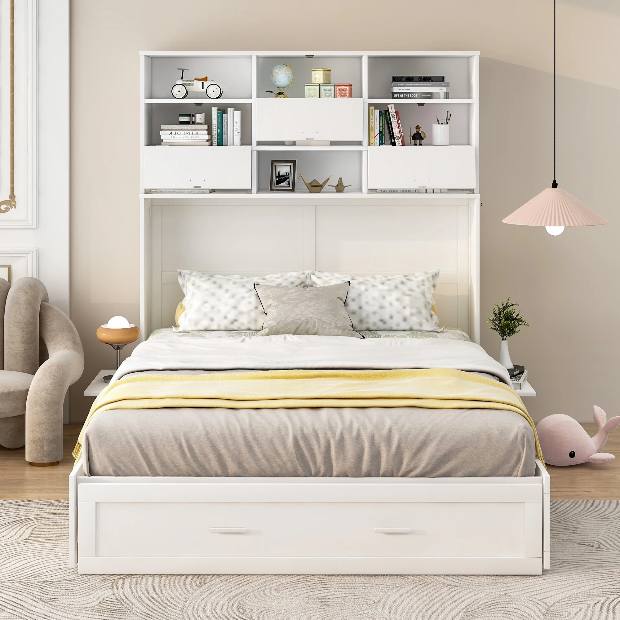 Euroco Queen Size Murphy Bed with Bookcase, Shelf and Drawer, Convertible into a Cabinet with Bookcase for Living Room, Space-Saving & Easy Open and Close, White