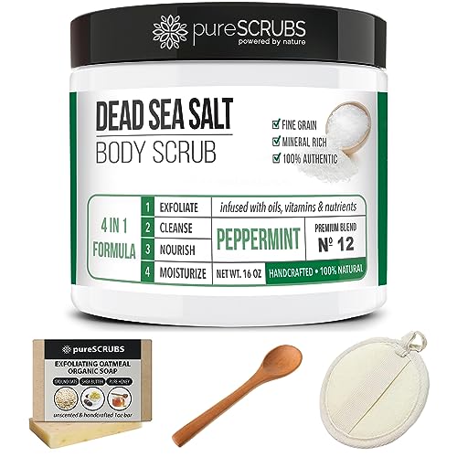pureSCRUBS Premium Eucalyptus Body Scrub Set - Large 16oz Dead Sea Salt Body Scrub With Infused Essential Oils & Nutrients, Includes Wooden Spoon, Loofah & Oatmeal Exfoliating Bar Soap