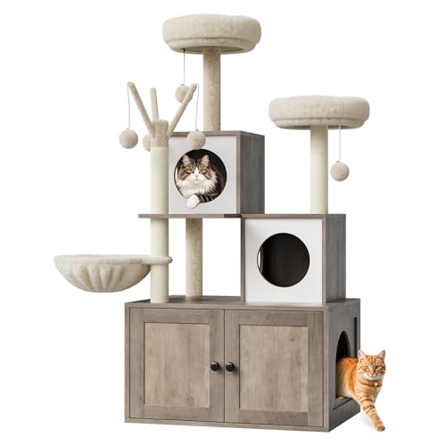57.5-Inch Cat Tree with Litter Box Enclosure 2-in-1 Modern Cat Tower with Cat Condo/Hammock/Scratching Post/Plush Perch/Removable Pompom Sticks/Caves, Wooden Hidden Litter Box Furniture, Oak Brown
