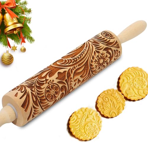Embossed Rolling Pin for Baking Cookies Christmas Embossing Rolling Pins with Design Wooden Engraved Springerle Roller Pin Dough Patterned Clay Pottery Ceramic Bakers Women (Flower Snowflake Paisley)