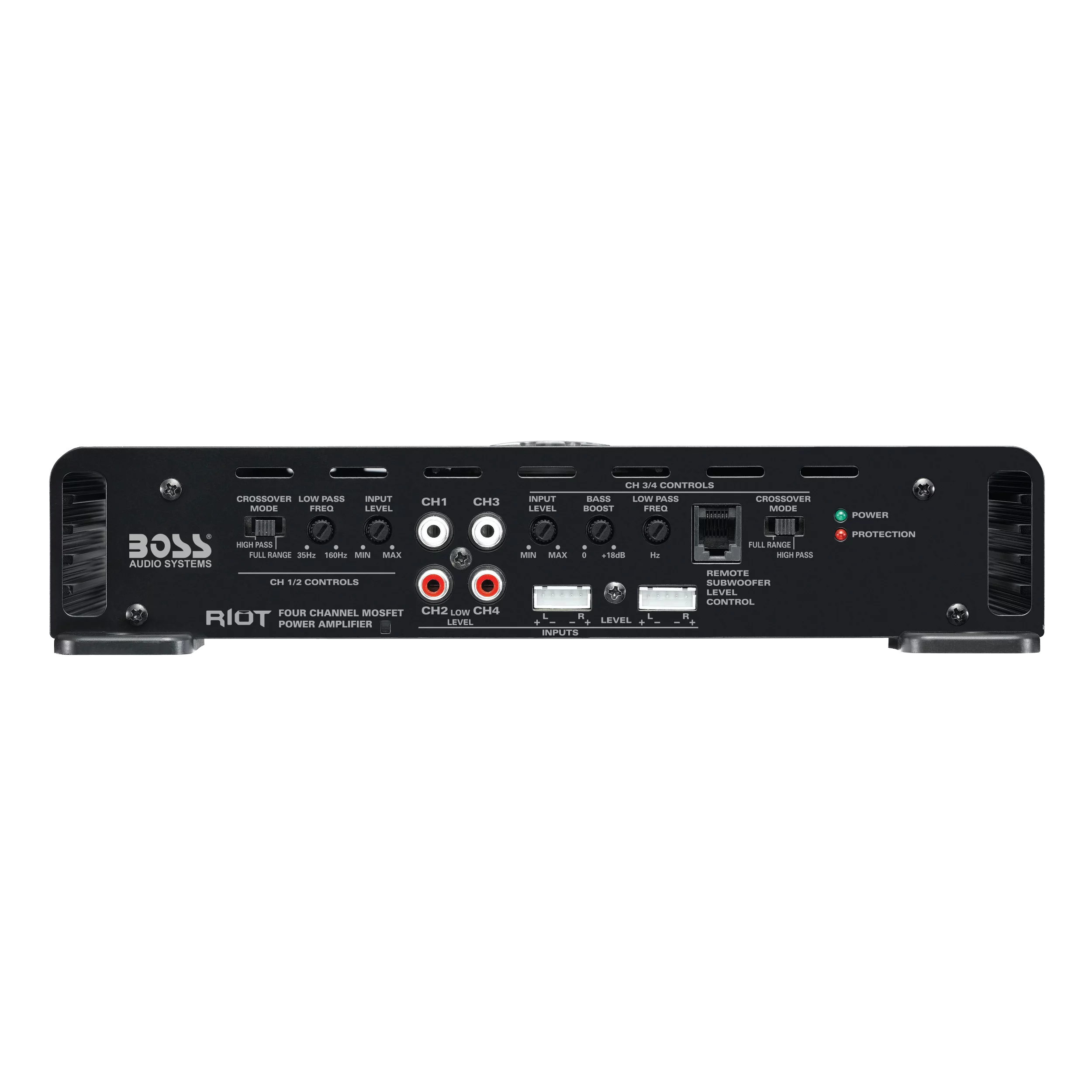 BOSS Audio Systems R3004 Riot Series Car Audio Stereo Amplifier - 1200 High Output, 4 Channel, Class A/B, 2/4 Ohm, Low/High Level Inputs, High/Low Pass Crossover, Full Range, Bridgeable, Subwoofer