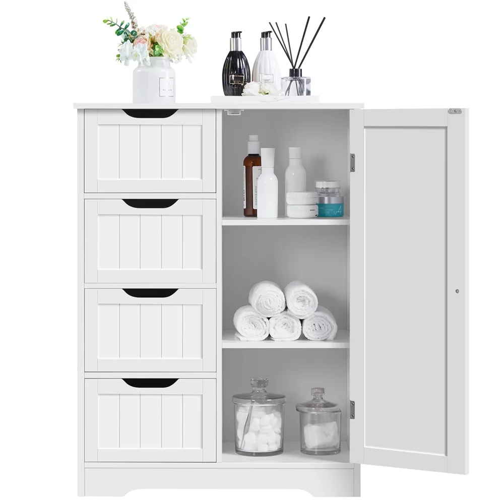 Topeakmart Wooden Bathroom Floor Cabinet with 4 Drawers for Entrance Area, Kitchen, Living Room, Ample Space, White